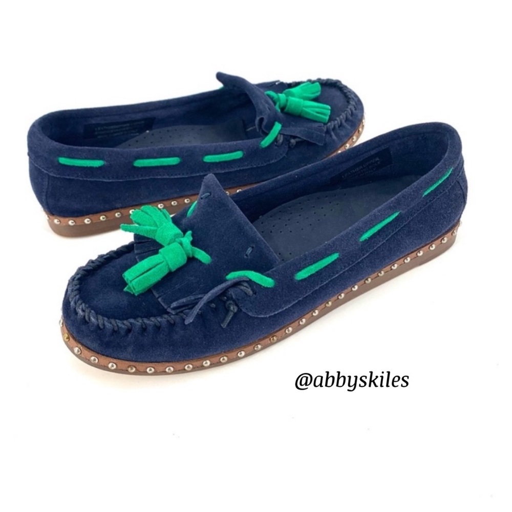 Navy Suede Tassel Moccasin Loafers with Green Accents